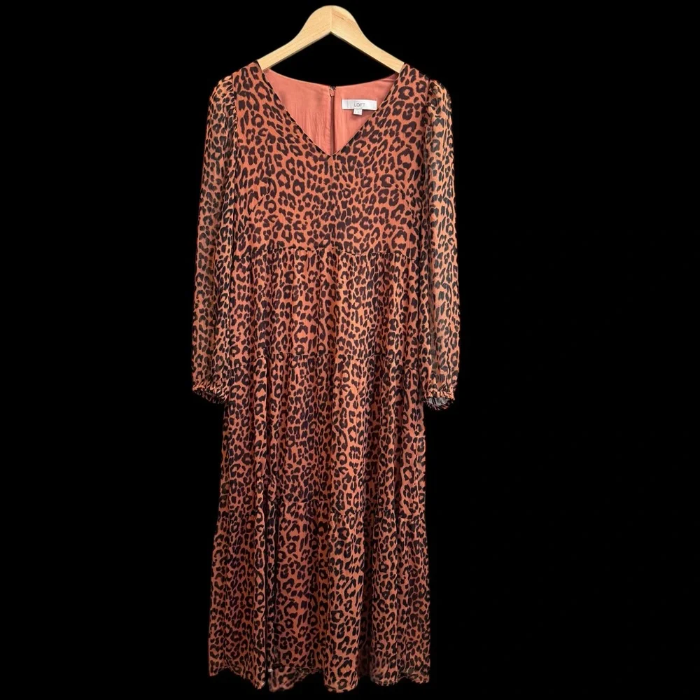 Loft Petite Leopard Print Tiered V-Neck Midi Long Sleeve Dress‎ Size 6 #211 - Picture 4 of 11